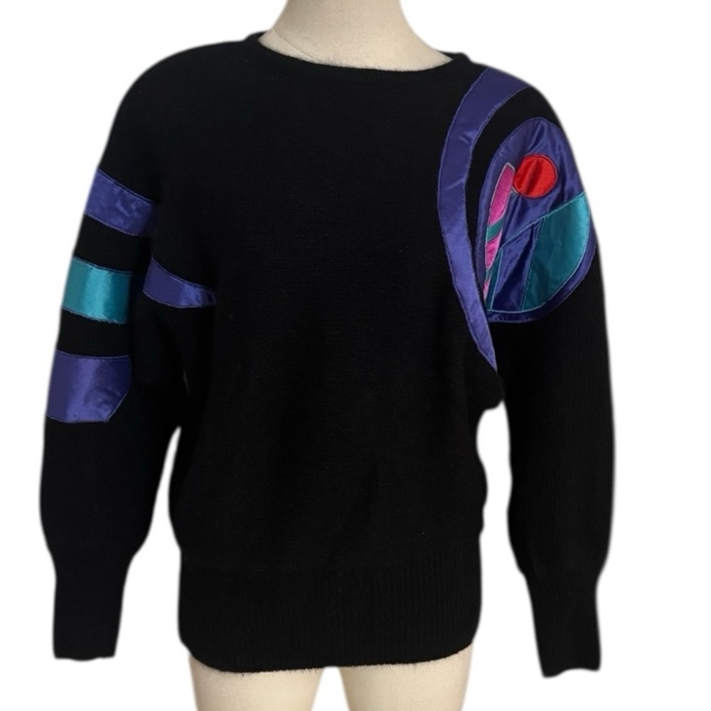 Vintage Silk Angora Wool Colorful Sweater Soft Fuzzy I.B. DIFFUSION M Black Blue